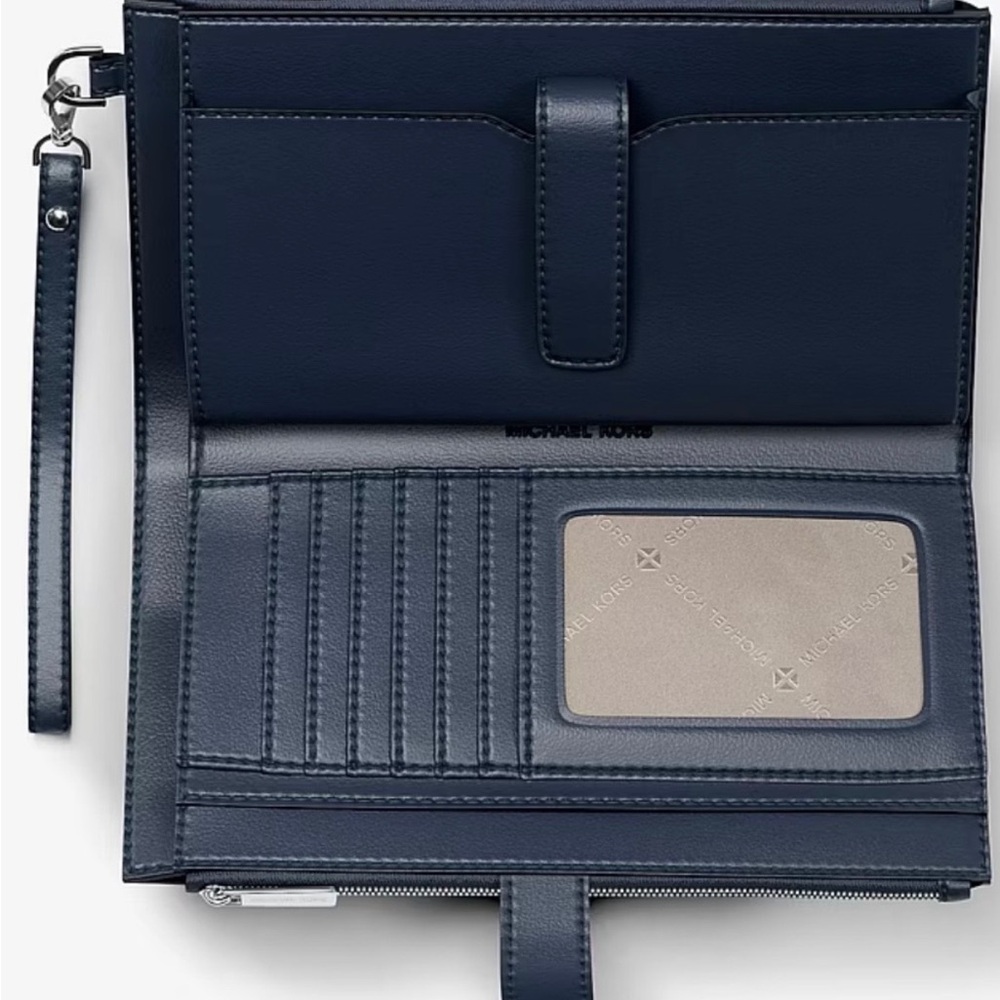 MICHAEL KORS JST Lg Double Zip Printed Sign Logo Wristlet Wallet Navy - Picture 6 of 6